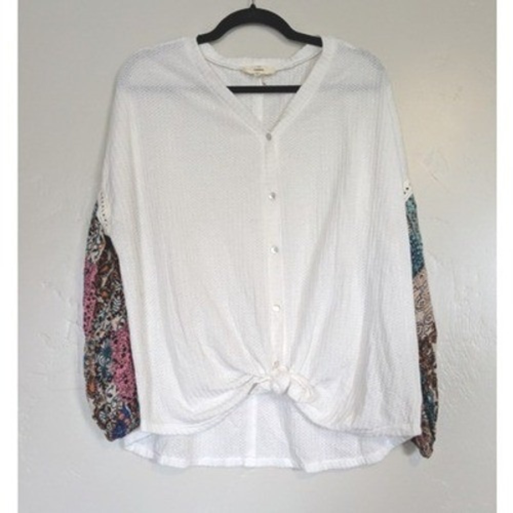 Entro Waffle Knit Top Women Large White Patchwork Sleeve Tie Front V-Neck Boho